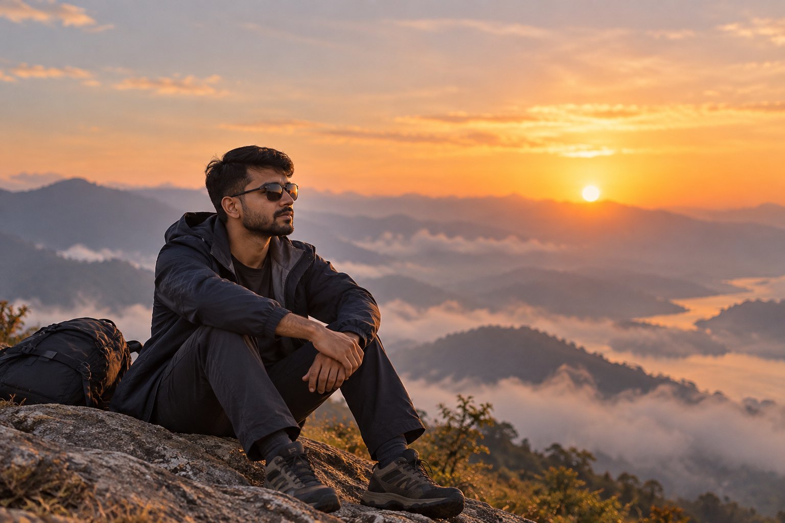 Adith sitting on a rock above misty hills at sunrise